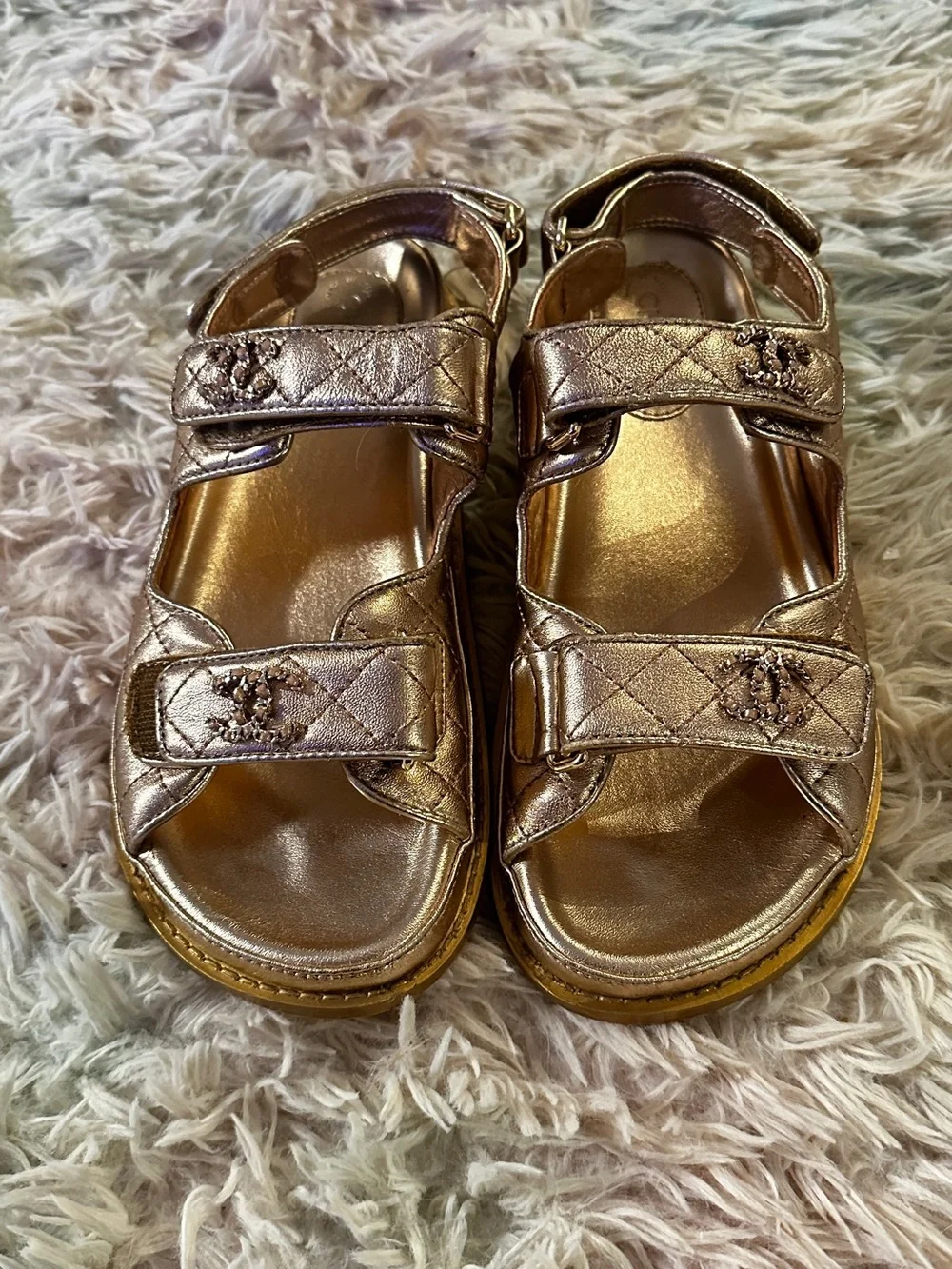 Chanel Iridescent Lambskin Quilted Velcro Dad Sandals in Light Bronze Size 40